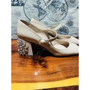 Miu Miu Prada Crystal Jeweled Patent Leather Mary Jane Nude Pumps Shoes 6 1/2